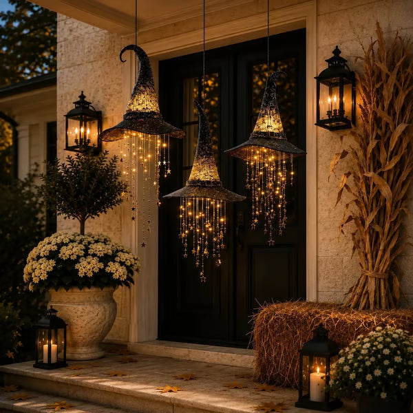 Glowing witch hat hanging lights displayed on a decorated front porch