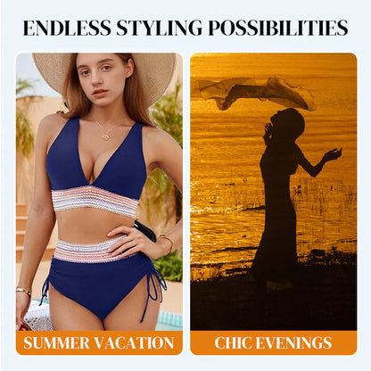 👙High Waisted Tummy Control Color Block Bikini Sets