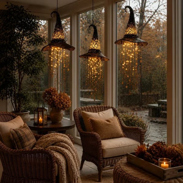 Glowing witch hat decorations hanging in a cozy indoor autumn room