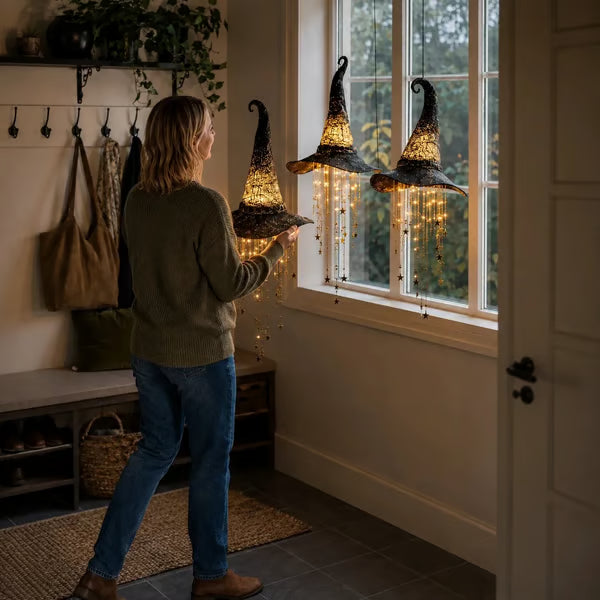 Person hanging glowing witch hat decorations beside a window