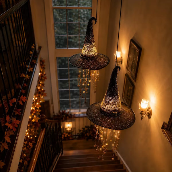 Glowing witch hat decorations hanging above an indoor staircase